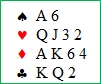 Bridge hand notation showing suits and cards